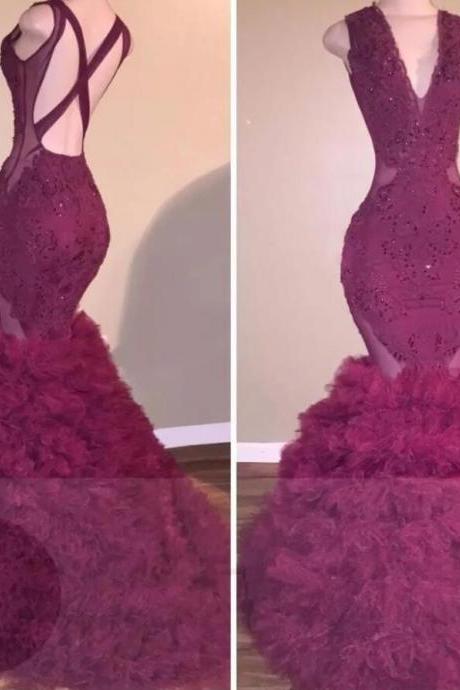 Sexy Burgundy Tulle Lace Beaded Mermaid Prom Dresses V-Neck Women Party Gowns 2020 Formal Evening Dress 