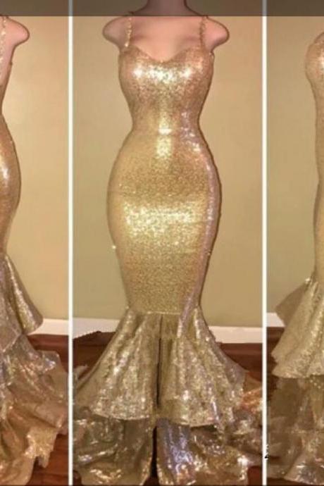 Fashion Gold Sequin Spaghetti Strap Long Prom Dresses Spaghetti Strap Mermaid Prom Gowns ,custom Made Gold Evening Dress
