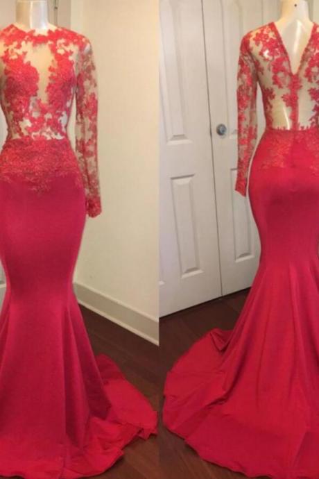 Mermaid Evening Dress Red Lace Appliqued Mermaid Prom Dress With Long Sleeve Muslim Women Pageant Gowns