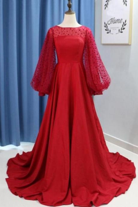 Elegant Red Satin Long Prom Dresses With Wide Long Sleeve Bots 2020 Arabic Evening Dress Sweep Train Women Party Gowns