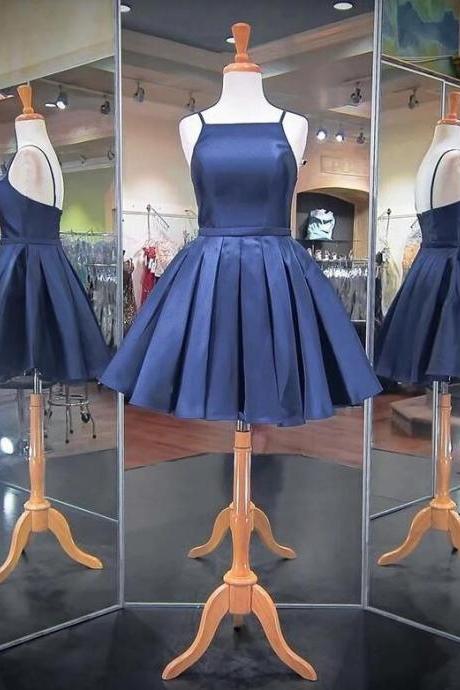Sexy Navy Blue Satin Ball Gown Homecoming Dress Short Girls Party Gowns ,Custom Made Cocktail Gowns ,Junior Party Gowns 2020