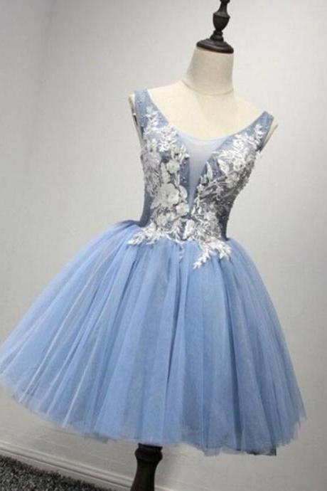 Sexy Light Blue Tulle Homecoming Dress Short With Lace Appliqued Cheap Party Gowns ,Short Cocktail Gowns ,Junior Party Gowns 2020