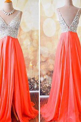 Elegant V-neck Beaded Crystal Long Prom Dress Custom Made Prom Gowns Long , Beadeding Long Prom Party Gowns