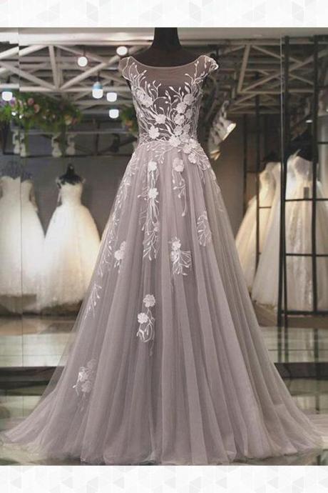 Silver Tulle Scoop Neck Long Prom Dresses 2020 Lace Appliqued Formal Evening Dress , Prom Party Gowns