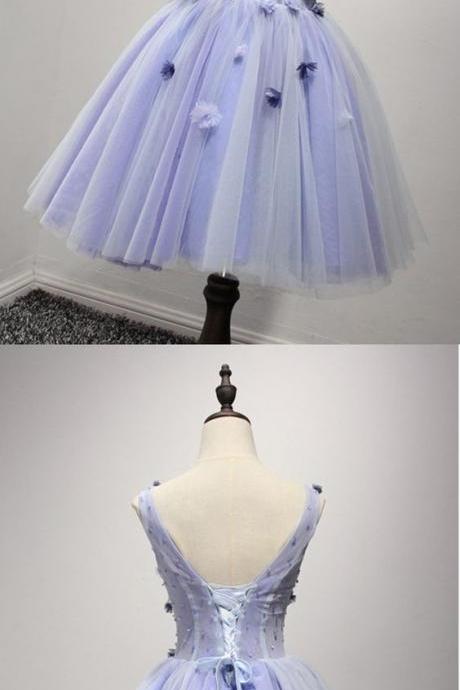 V-neck Lavender Tulle Short Homecoming Dress With Hand Made Flower Custom Made Sweet 16 Prom Party Gowns ,short Cocktail Gowns For Teens