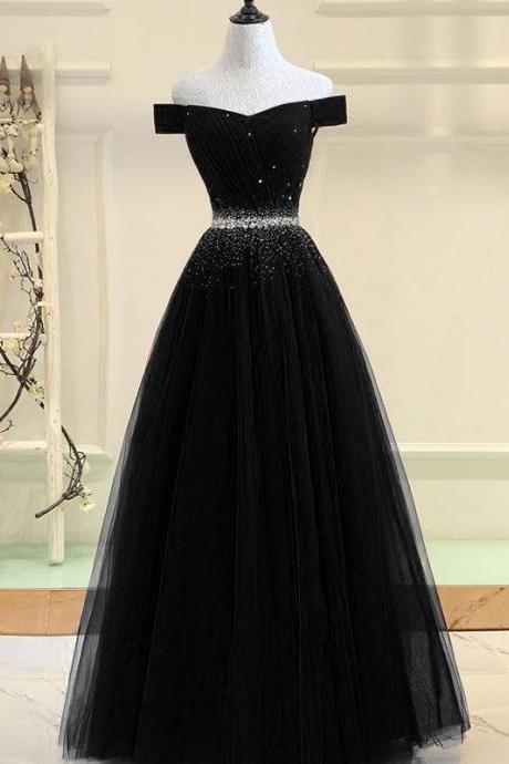 Black Tulle Beaded A Line Women Prom Dress 2020 Prom Party Gowns ,sweet 15 Prom Party Gowns