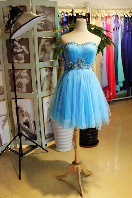 Off Shoulder Blue Tulle Beaded Short Homecoming Dress Above Length Mini Cocktail Party Gowns ,wedding Party Gowns