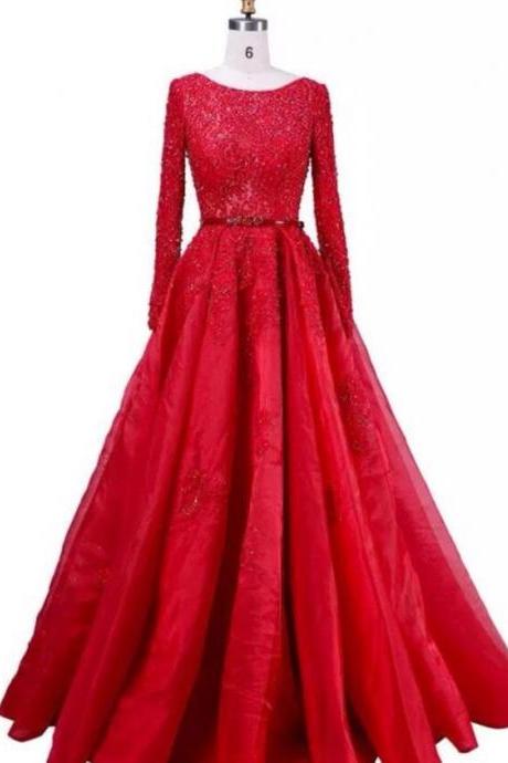 Fashion Red Satin Scoop Neck A Line Prom Dresses With Long Sleeve Lace Custom Made Prom Party Gowns , Prom Party Gowns