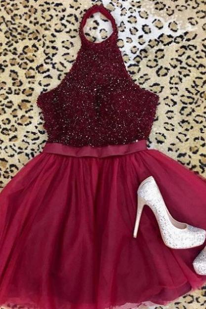 Sexy Halter Beaded Burgundy Tulle Short Homecoming Dress Knee Length Short Party Gowns , Women Party Gowns 2020