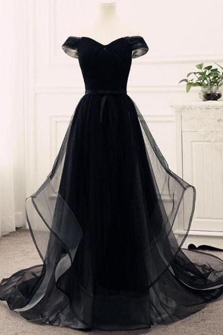 Plus Size Black Tulle A Line Long Prom Dresses 2020 Custom Made Women Party Gowns , Sweet Prom Party Gowns
