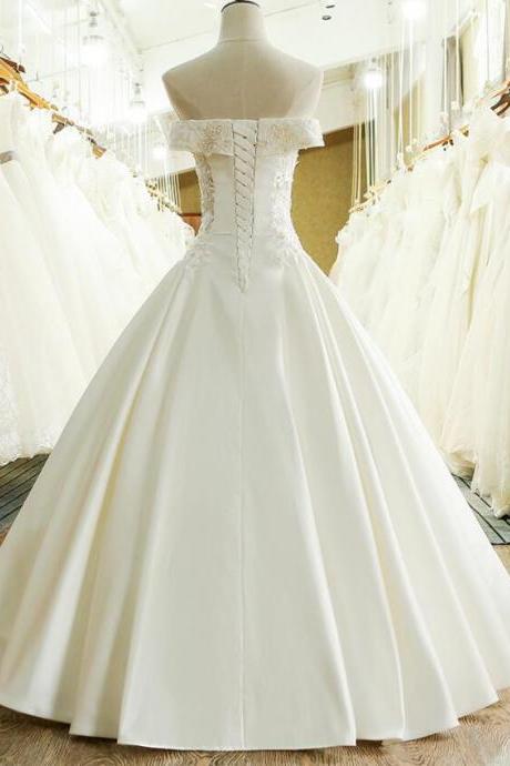 Off Shoulder White Satin Lace Wedding Dresses A Line Cheap Women Party Gowns ,Plus Size Country Wedding Dresses 