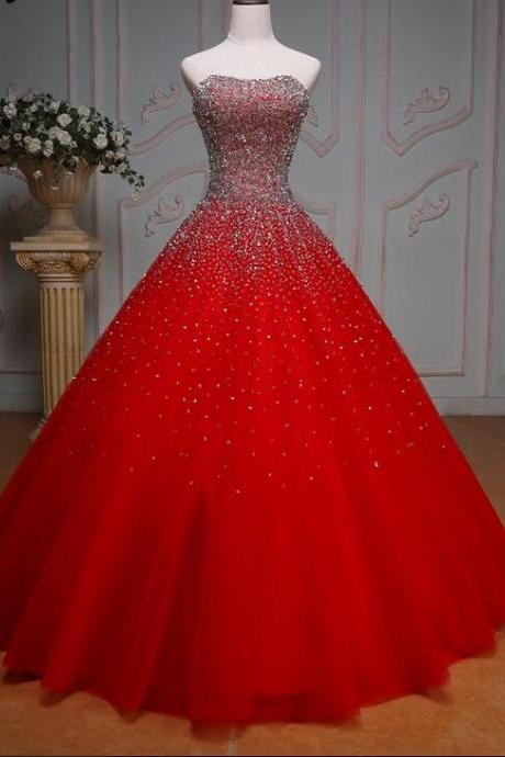 Luxury Red Tulle Beaded Heavy A Line Long Prom Dresses 2021 Off Shoulder Quinceanera Dress Sweet 16 Prom Party Gowns ,Red Beaded Quinceanera Gowns With Beaded 