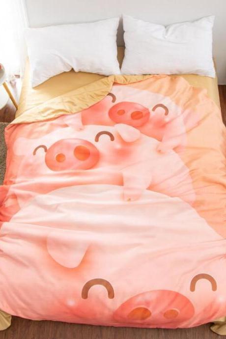 Single Quilt:43'x 59' 3D Printed Thin Quilt Bedding Cute Shaped PIG Throw Blanket Comforter Washable Light Quilt 
