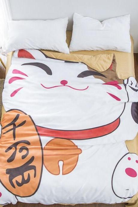 Queen Quilt 87'x94' Anime Thin Quilts Yiwanliang Lucky Cat Throw Blanket 3D Print Cute Bedding Comforter Light Quilt Washable