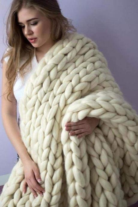 Size 40x40inches Chunky Knit Blanket Merino Wool Arm Knitted Throw Soft And Huge Throw,bed Chair Sofa Yoga Mat Rug Apricot
