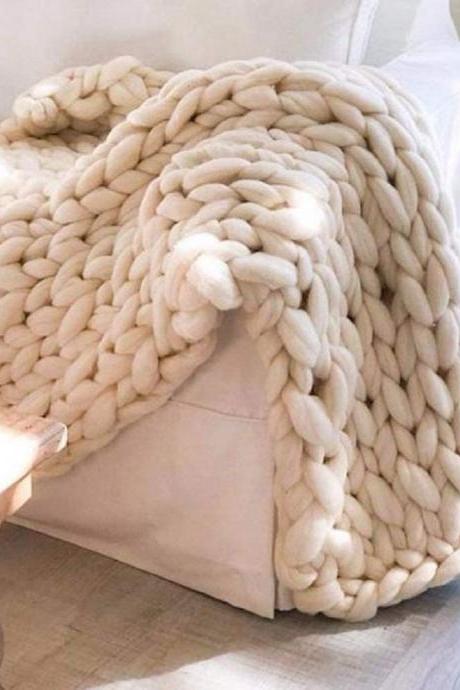 Size 47x 60Inches Chunky Knit Blanket Merino Wool Arm Knitted Throw Soft and Huge Throw,Bed Chair Sofa Yoga Mat Rug Apricot 