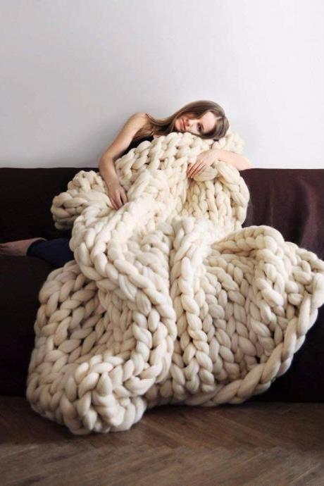 Size 60x60 Inches Chunky Knit Blanket Merino Wool Arm Knitted Throw Soft and Huge Throw,Bed Chair Sofa Yoga Mat Rug Beige 