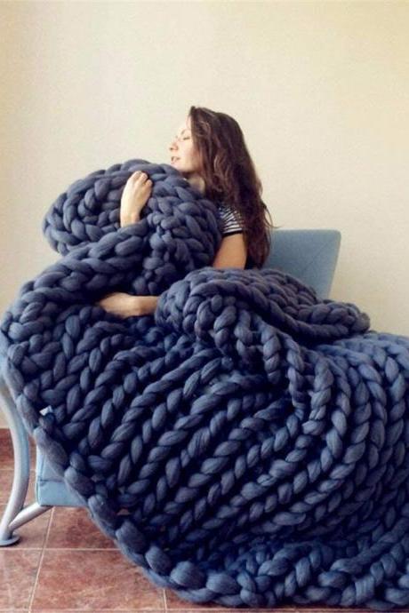 Size 32x40inches Knit Blanket Merino Wool Arm Knitted Throw Soft And Huge Throw,bed Chair Sofa Yoga Mat Rug Navy Blue