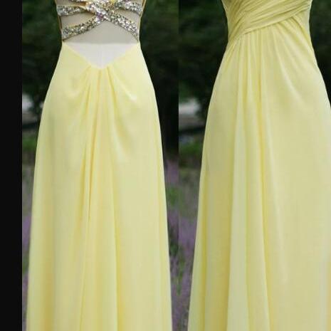 Charming Yellow Chiffon Prom Dresses Sexy Backless Ruffle Prom Dress ...