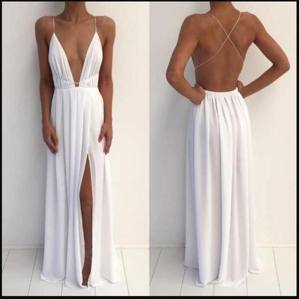 Elegant Sexy Backless Long Prom Dress Custom Made White Chiffon Ruffle ...