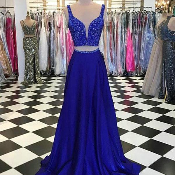Charming Beaded Formal Prom Dress A Line Royal Blue Satin Satin Long ...