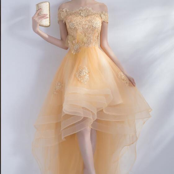 Light Gold Tulle High Low Prom Dresses With Lace Appliqued , Fron Short ...
