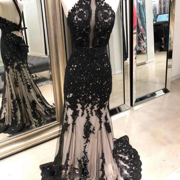 Vintage Black Lace Halter Neck Shath Prom Dresses 2020 Formal Prom ...