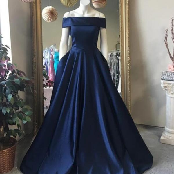 Plus Size Navy Blue Satin A Line Long Prom Dresses 2020 Custom Made ...