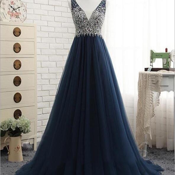 Luxury Beaded Crystal Navy Blue Tulle Long Prom Dress A Line Women ...