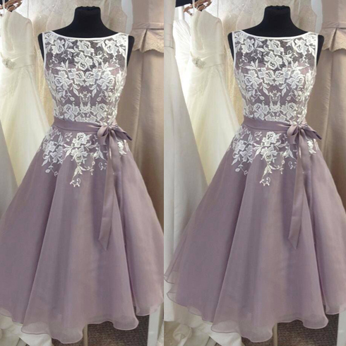 Illusion Neck Gray Short Organza Party Dress With Removable Sash,2018 ...