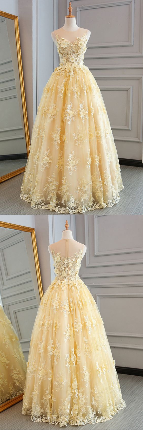 Flower Lace Yellow Tulle Long Sleeve Square Prom Dress