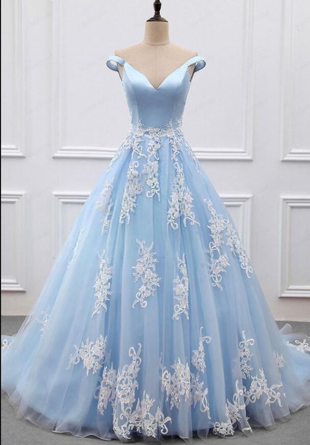 Vintage Sky Blue V-neck Long Prom Dress Ball Gown Plus Size Pricess ...