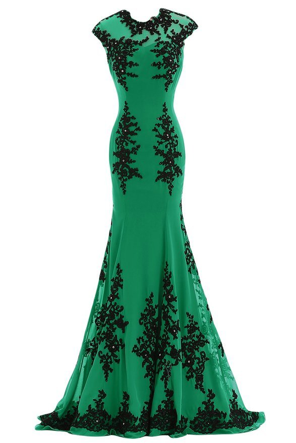 Women Green Chiffon Black Lace Aqppined Mermaid Prom Dress Sexy O-Neck ...