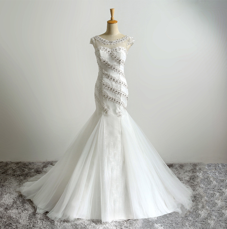 New Arrival Ivory Lace Mermaid Wedding Dress Sheer Scoop Neck Beaded ...