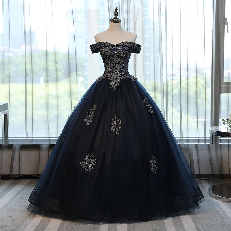 Fashion Long Navy Blue Tulle Ball Gown Quinceanera Dress With Gold Lace ...