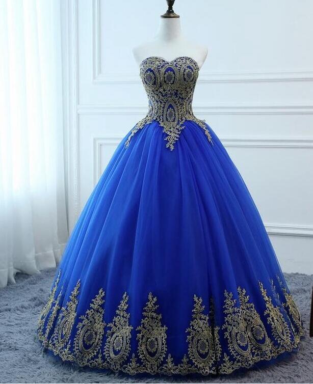 Plus Size Royal Blue Tulle A Line Long Prom Dress With Lace Appliqued ...
