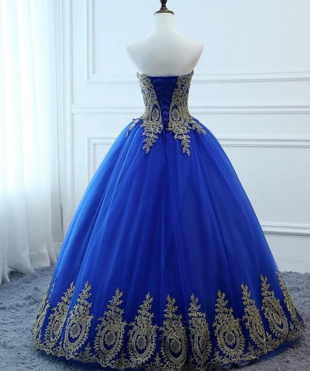 Plus Size Royal Blue Tulle A Line Long Prom Dress With Lace Appliqued ...