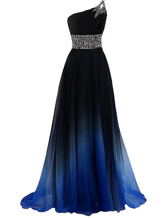 Sexy One Shoulder Beaded Gradient Long Prom Dress Plus Size Formal ...