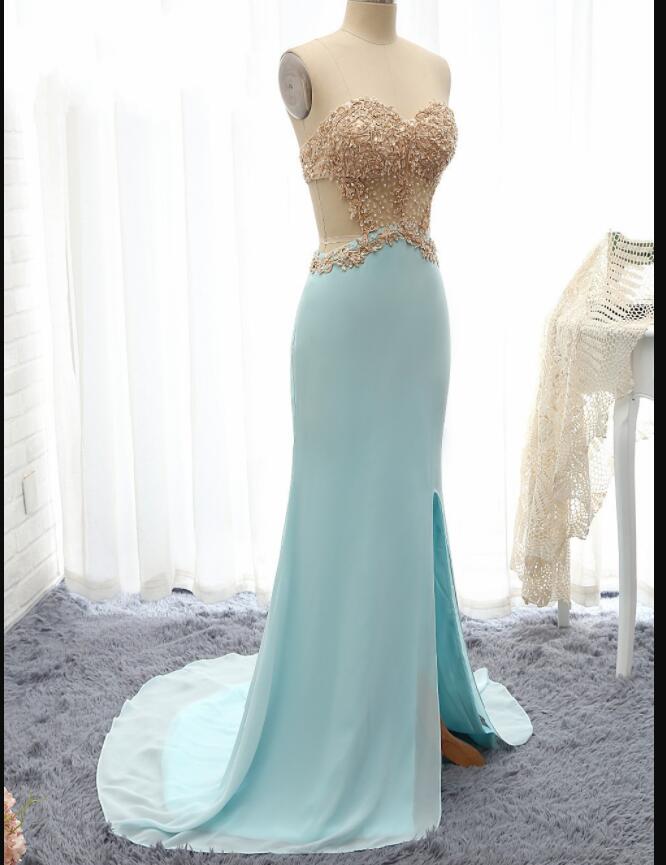 Light Green Chiffon Long Prom Dress With Gold Lace Appliqued Formal ...