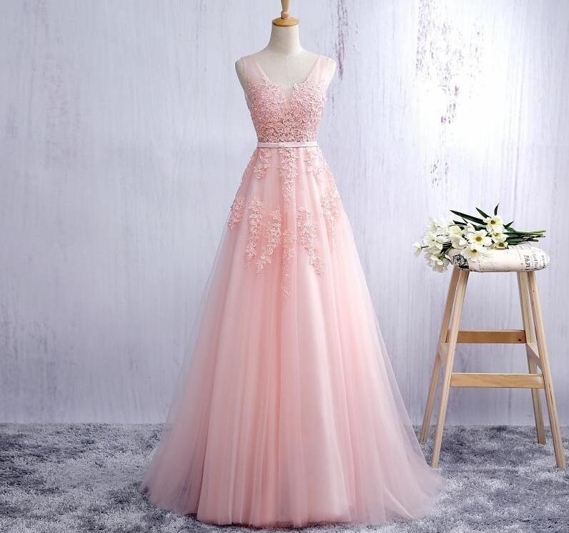 Plus Size Pink Tulle Lace Long Prom Dress V-Neck Cheap Prom Party Gowns ...