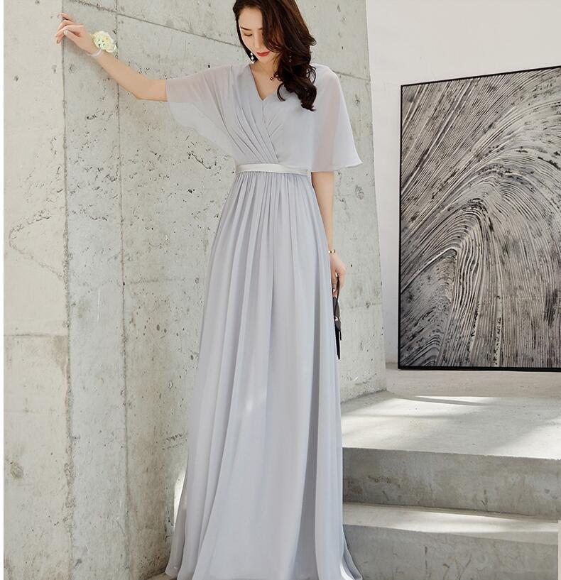 Plus Size Silver Chiffon V-neck Long Prom Dress Floor Length Prom Party ...