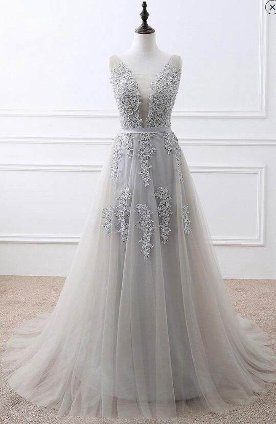 Sexy Light Gray Lace Appliqued Long Prom Dresses Custom Made Women ...