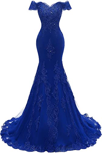 Off Shoulder Royal Blue Tulle Mermaid Prom Dress Plus Size Prom Party ...