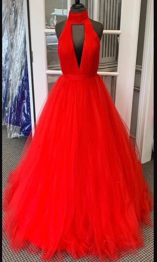 Sexy Halter Neck A Line Red Tulle Long Prom Dress Plus Size Formal ...