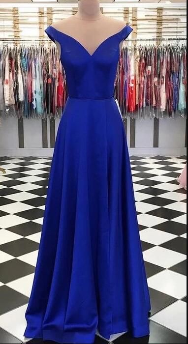 Off Shoulder Royal Blue Satin Prom Dress Simple Prom Party Gowns Custom ...