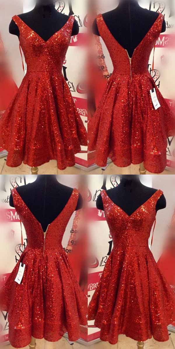 Charming V-neck Red Sequin Short Homecoming Dress Above Length Short ...