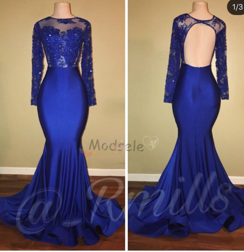 Fashion Royal Blue Beaded Mrmaid Prom Dresses With Long Sleeve Custom ...