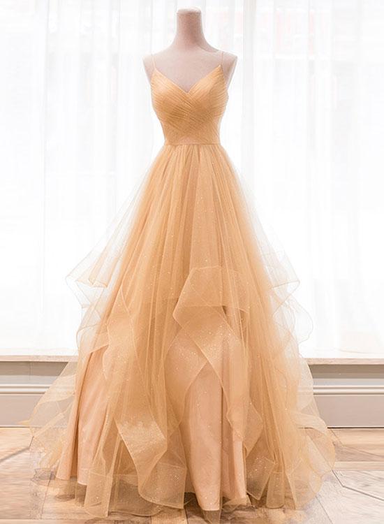 Gold Champagne Tulle A Line Long Prom Dresses Custom Made Women Party