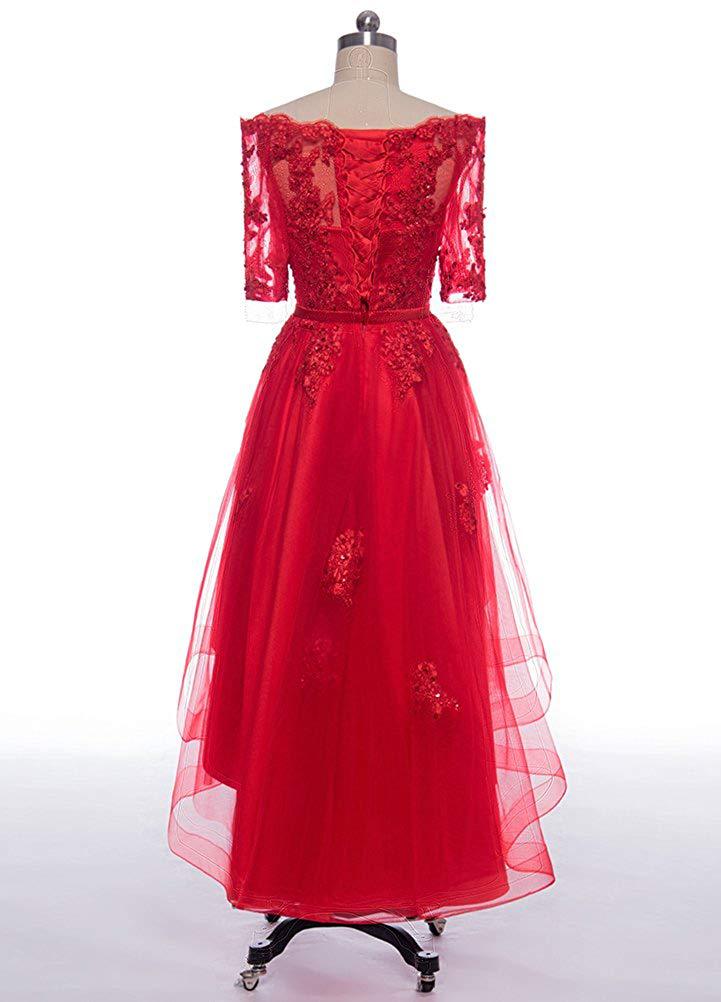 Cheap Red Tulle Lace High Low Prom Dresses 2020 Formal Evening Dress ...